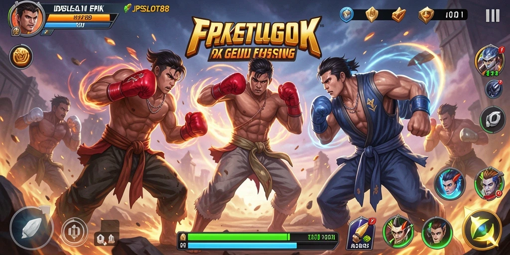 Tampilan gameplay seru dalam JPSLOT88 saat karakter bertarung dengan penuh energi.