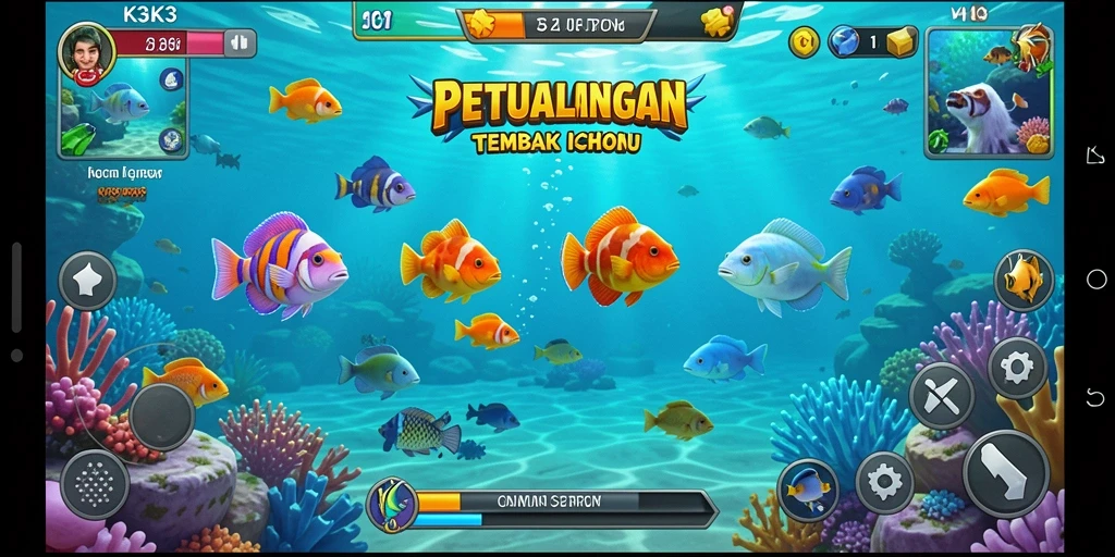 Screenshot gameplay K3K3 menampilkan aksi seru menembak ikan.