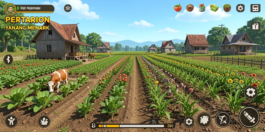 Tampilan gameplay S80 dengan ladang yang hijau dan hasil panen yang melimpah.