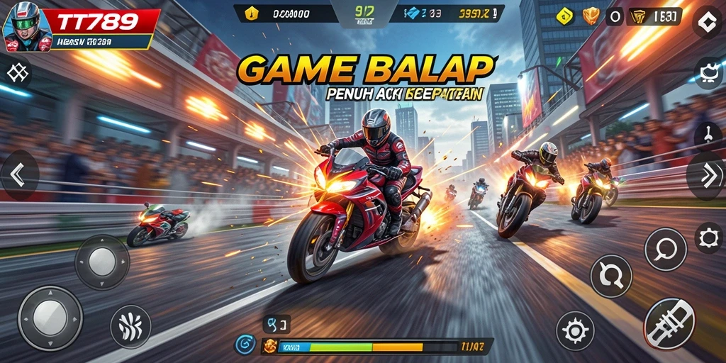 Gameplay TT789 menampilkan balapan cepat dengan mobil yang melaju kencang.
